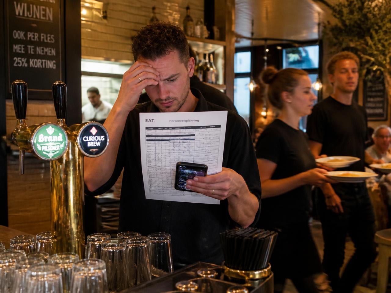 Drukke dienst in een Nederlands cafe: manager bekijkt het personeelsrooster op papier en telefoon